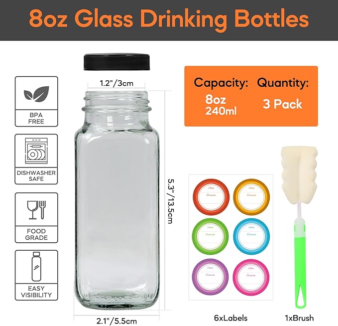 STARSIDE 8 oz 3 Pack Glass Juice Bottles with Lids - Square Reusable Drinking Jars for Juicing, Milk, Kombucha - Includes 1 Bottle Brush, 6 Colored Labels