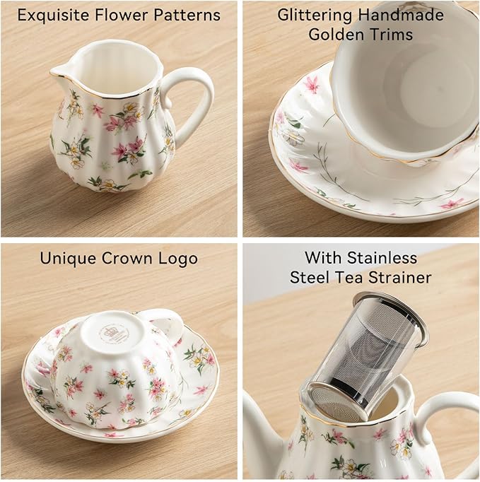 Porcelain Tea Sets British Royal Series, 8 OZ Cups & Saucer Service for 6, with Teapot Sugar Bowl Cream Pitcher Teaspoons and Tea Strainer, Suitable for High Tea, Wedding, Party（Spring Flowers）