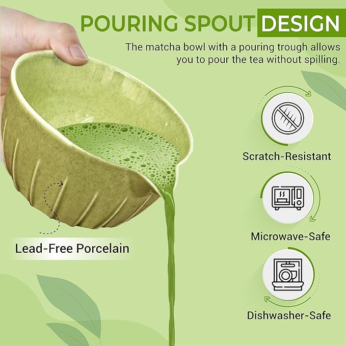Matcha Whisk Set with Matcha Bowl - Matcha Set Included Electric Frother, Bamboo Whisk, Matcha Spoon, Bamboo Holder, Sifter, Spoon Stand (Mottled Green)