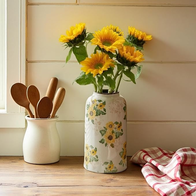 Vintage Ceramic Vase, 10.6 Inch Chinoiserie Sunflower Yellow Floral Vases, Retro Ice Cracked Rustic Antique Flower Vases for Modern Room Bathroom Shelf Home Decor (Large Cylinder)