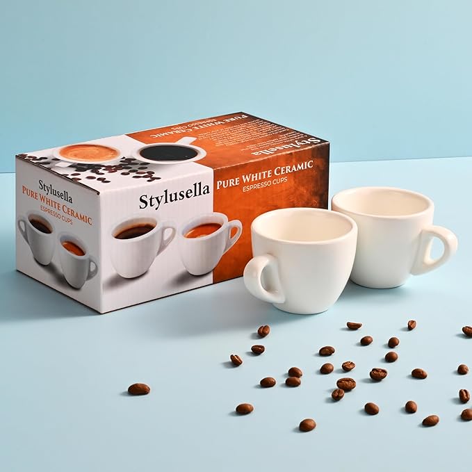 2.5 oz / 75 ml Pure White Ceramic Espresso Cups, Set of 2, Demitasse Espresso Mugs, SSE-114-16