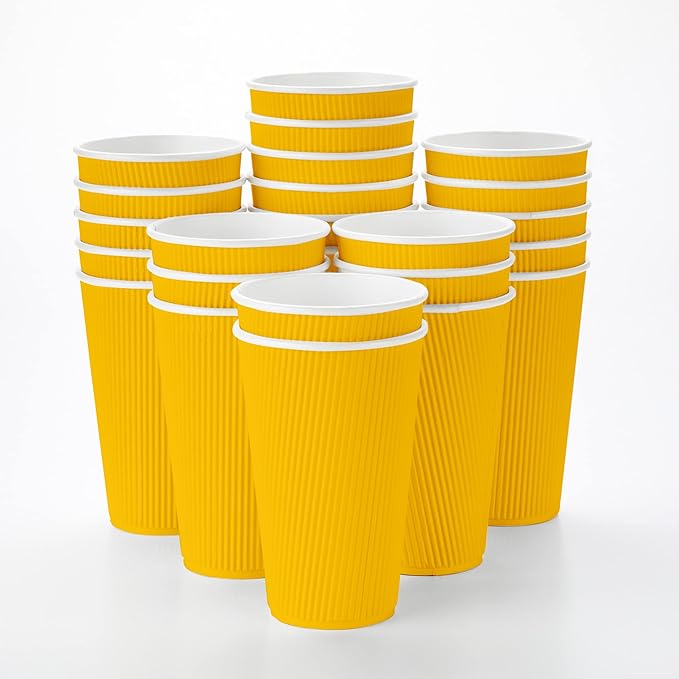 Restaurantware 16 Ounce Ripple Wall Disposable Coffee Cups, 500 Insulated Yellow Paper Tumblers with Rolled Rim Design, Lids Sold Separately for Hot Drinks like Tea, Hot Chocolate and More