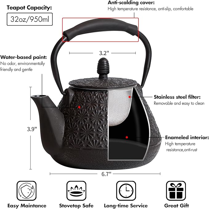 Cast Iron Teapot, 32oz Tea Kettle with Infuser for Stove Top, Sakura Blossom Pattern Japanese Tea Pot for Tea & Coffee Coated with Enameled Interior, Silicone Handle 950ml black