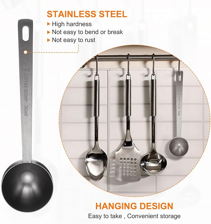 HARFINGTON 3pcs Coffee Scoop Spoon 2tbsp (6tsp, 30ml) 304 Stainless Steel Long Handle Teaspoon/Tablespoon Measuring Spoons Scoops for Tea Sugar Kitchen, Black