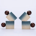 Ceramic Mini Espresso Cups Demitasse Cups with Round Wooden Handle Vertical Stripes Tea Cups (Beige&Blue, 4pcs)