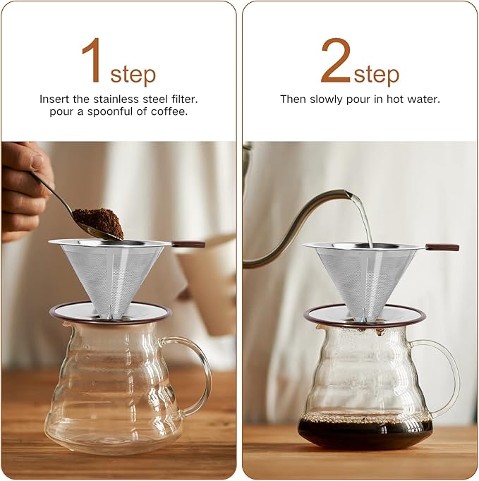 Pour Over Coffee Dripper，Reusable Stainless Steel Drip Cone Coffee Filter, Update Double Ultra Fine Micro Mesh Filter, Professional Paperless Drip Brew Coffee Cone Maker with Cup Stand,1-2 Cup