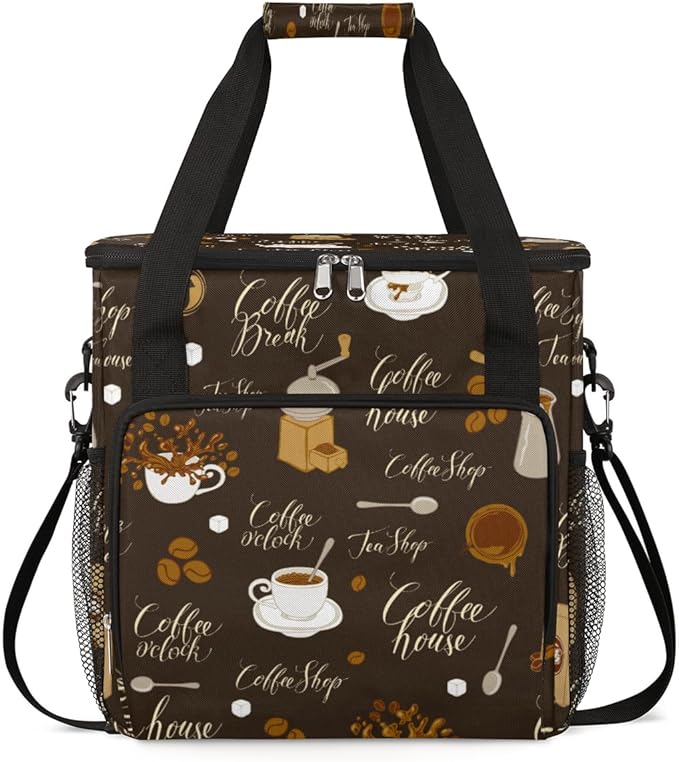 Retro Coffee Coffee Maker Carring Bag Tea and Coffe Travel Carrying Storage Tote Bag Compatible with Keurig K-Mini or K-Mini Plus Portable Single Serve Coffee Brewer Case with Pockets for K-cup Pods