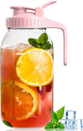 64oz Glass Mason Jar Pitcher with Lid and Spout, 2 Quart Airtight Glass Water Jug, Leakproof Wide Mouth Mason Jar Pitcher for Iced Sun Tea, Milk Storage, Cold Brew Coffee, Juice, Pink