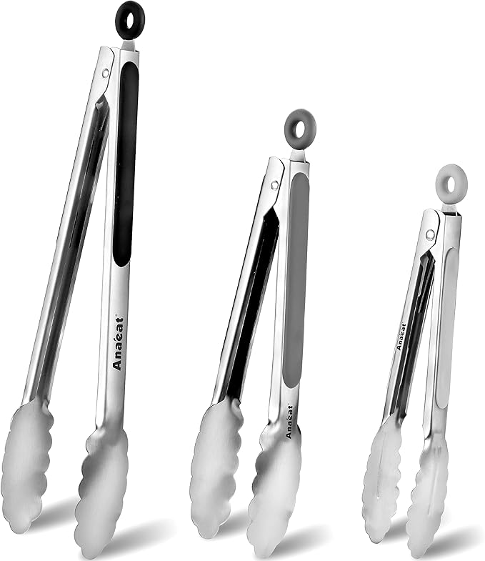 Anaeat Stainless Steel Locking Tong Set of 3 - Premium 7, 9 and 12 inch Kitchen Food Tongs with Non-Slip Silicone Tips and Grip for Serving, Cooking, Baking and BBQ - Heavy Duty & Heat Resistant