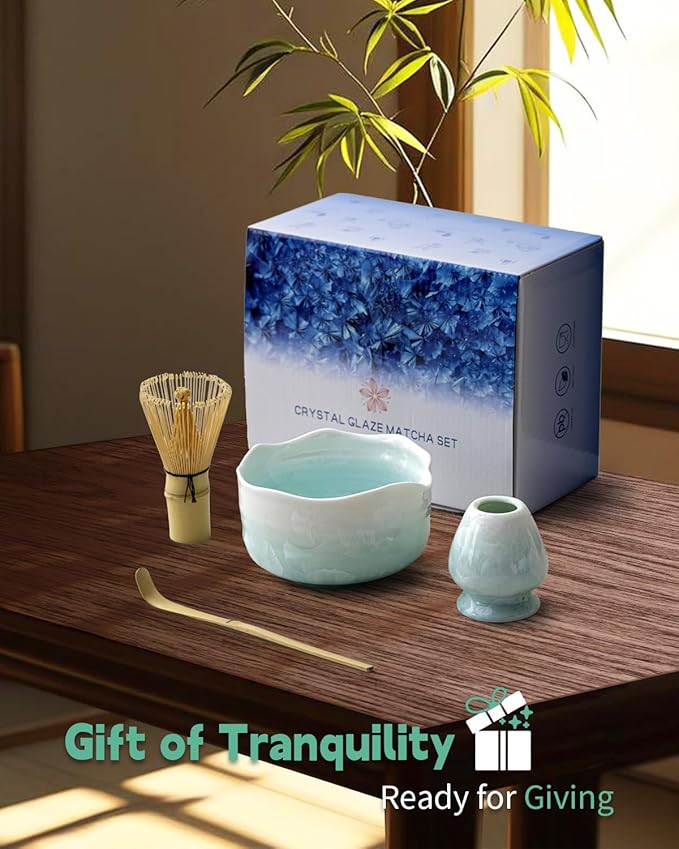 Natural Crystal Flower Matcha Set - 4 Pcs Food Grade Matcha Kit with Spouted Bowl, Matcha Whisk, Scoop and Chasen Holder - Matcha Tea Ceremony Gift for Matcha Lovers (Pine Shadow)