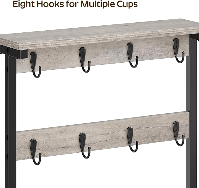 Coffee Mug Holder for Counter, 2 Tier Mug Tree Rack, with 8 Hook and 2 Open Shelves, Vintage Mug Holder Stand for Home Kitchen, Greige MH43BG