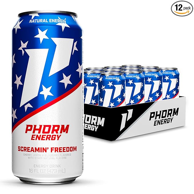 Phorm Energy Drink, Screamin’ Freedom Flavor, 200 MG Natural Caffeine From Green Tea, Sugar Free Carbonated Drink With Electrolytes & Vitamin B12, Dairy & Gluten Free, Vegan, 16 FL Oz Cans, 12 Pk
