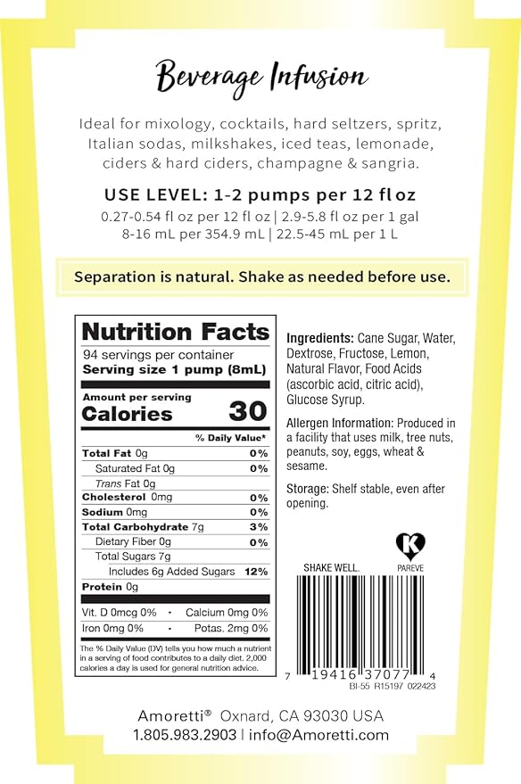 Amoretti - Limoncello Beverage Infusion, 94 Servings Per Bottle (750 ml) - Drink Mix & Water Enhancer with Pump for Flavoring Cocktails, Waters, Teas, and other Beverages, Preservative Free