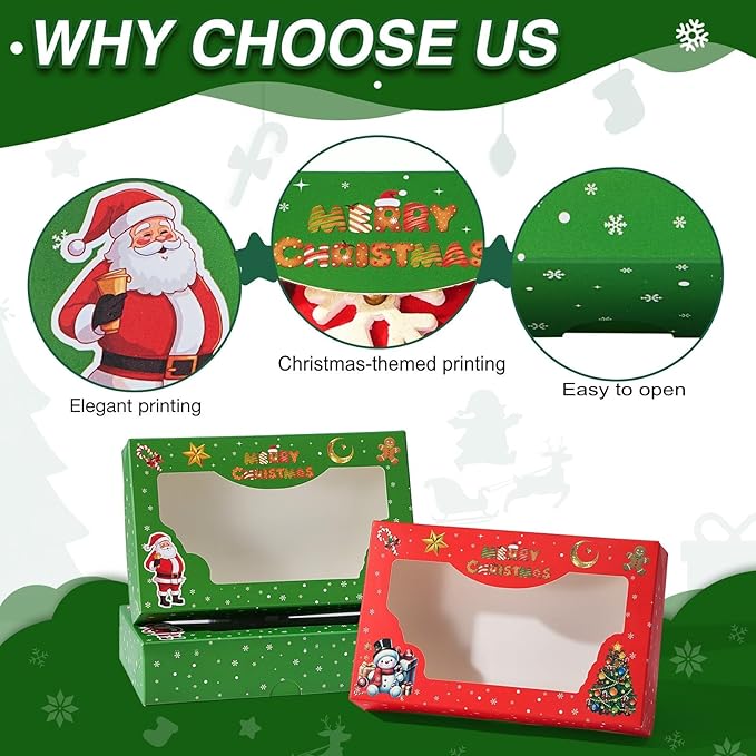 24 Pack 7x4.3x1.5Inch Christmas Bakery Boxes with 3 Patterns Clear Window Perfect for Packaging Macaron Cake Pop Chocolate Truffle Cookie Donut Pie Boxes for Treats & Holiday Party Favors