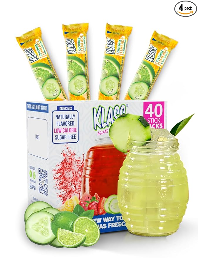 Klass Aguas Frescas | Drink Mix Cucumber Limeade | Sugar Free Drinks! (40 Count Powder Stick Packets)