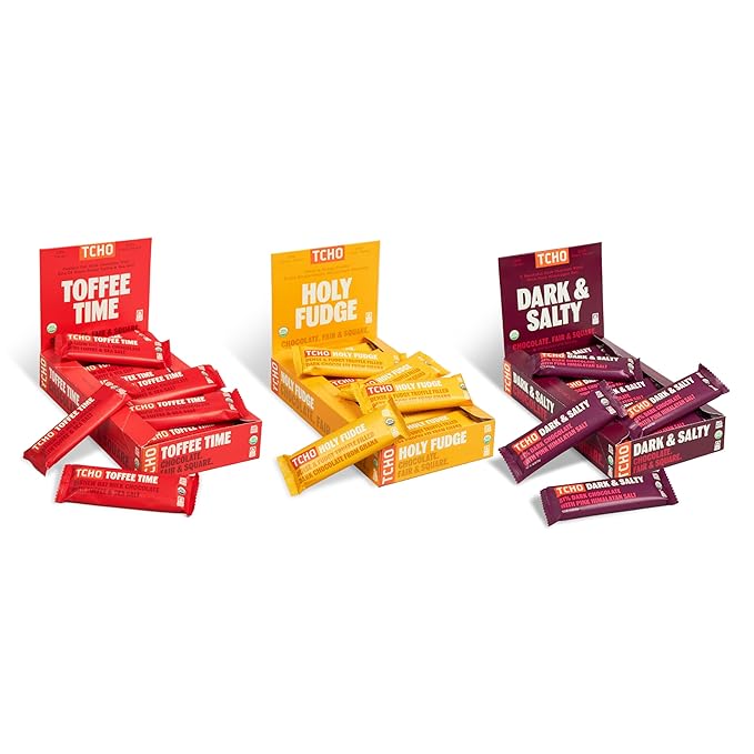 TCHO Singles Variety Pack - Plant Based, Organic Chocolate Singles - Vegan, Gluten-Free, Soy-Free - Handcrafted Pure Cacao Bars - Chocolate Bars Perfect for Gifting 18 Count - Holy Fudge, Toffee Time, Dark & Salty (Pack of 3)