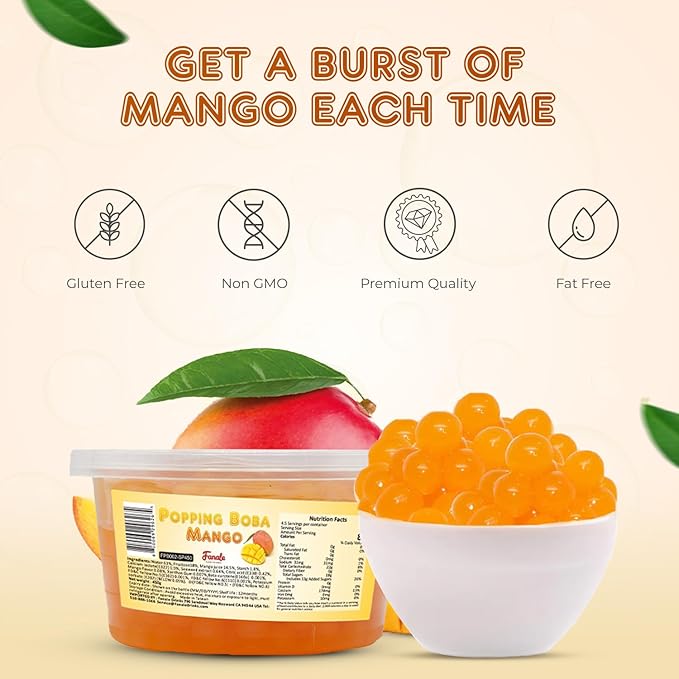 Fanale Mango Popping Boba Pearls, Vegan, Non GMO, Gluten Free, Fat Free, Perfect for Bubble Tea, Smoothies, Ice Cream, Desserts, and Beverages.