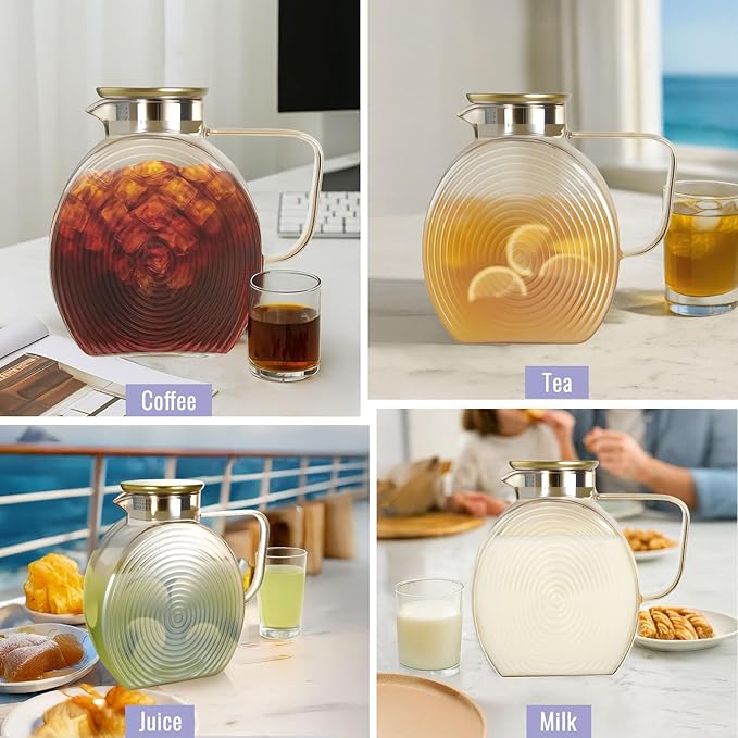 Glass Pitcher With Lid, 2.0 Liter 68 oz Glass Water Pitcher For Fridge, 0.53 Gallon Pitchers With Handle And Lid, Tea Jug Carafe Jar For Hot/Iced Water Milk Juice Coffee Fruit