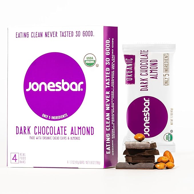 jonesbar (Dark Chocolate Almond, 4 Count (Pack of 1)), USDA Organic Fruit & Nut Bar, Non-GMO, Kosher, Vegan, Gluten Free, Simple Snack Bar