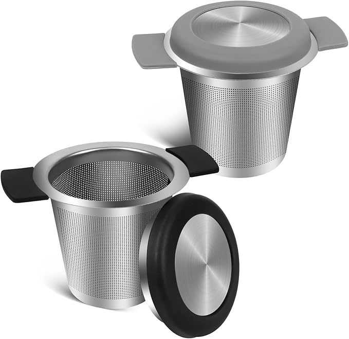 2pcs Tea Infuser for Loose Leaf Tea, Stainless Steel Tea Steeper with Heat Proof Handle, Extra Fine Mesh Tea Strainer, Gift for Tea Lovers (Black, Grey)