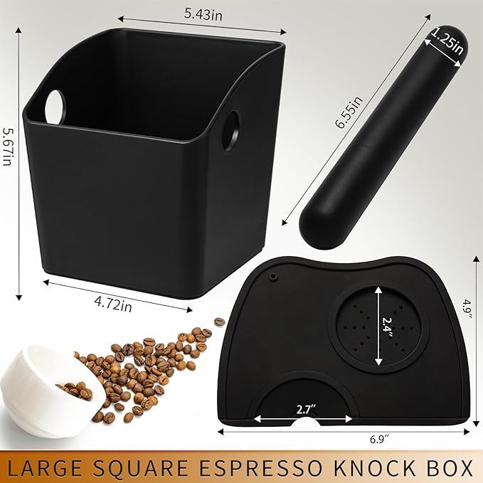 Large Square Knock Box Shock-absorbent Knock Box Espresso with Removable Knock Bar and Non-Slip Base Espresso Accessories for Home/Office (Large Black Knock Box with Tamper Mat)