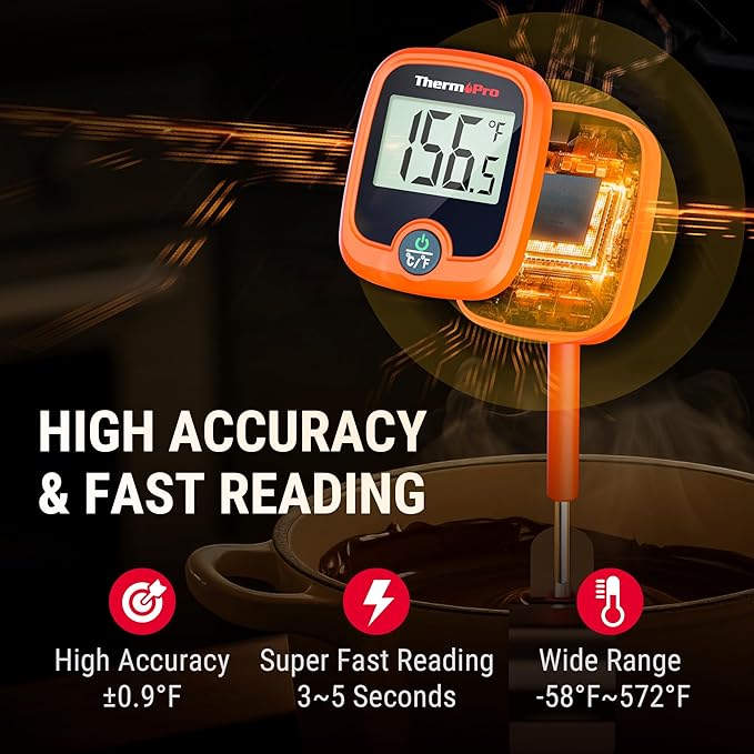 ThermoPro TP509 Candy Thermometer with Pot Clip, 10" Long Probe Instant Read Meat Food Thermometer with LCD, Cooking Oil Thermometer Deep Frying Thermometer for Candy Maple Syrup Sugar Brewing Making