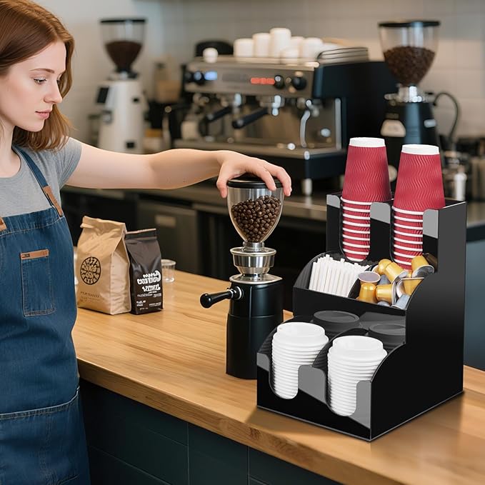 MYITYARD Coffee Station Organizer, Coffee Cup Holder for Countertop, Cup and Lid Dispenser with 6 Compartment, Cup and Condiment Station for Home, Kitchen, Office and Breakroom