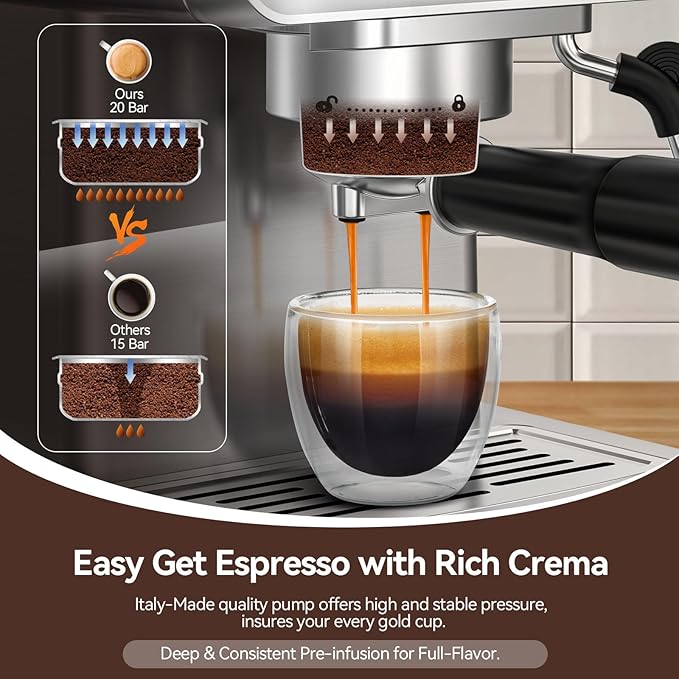 Espresso Machine 20 Bar, Espresso Maker with Steam Milk Frother，Espresso Coffee Machine with 60oz Removable Water Tank for Lattle, Cappuccino, Stainless Steel