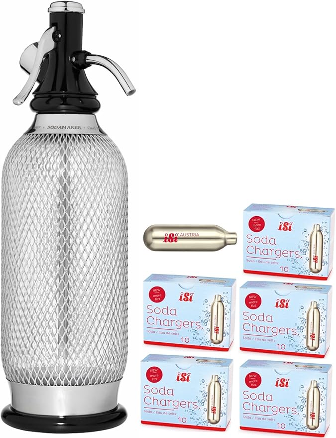 iSi North America Classic Sodamaker Set with Soda Siphon Chargers, 50-Pack - Stainless Steel 1-Quart Sparkling Water System & CO2 Carbonation Chargers for Carbonated Drinks, Juices, Cocktails