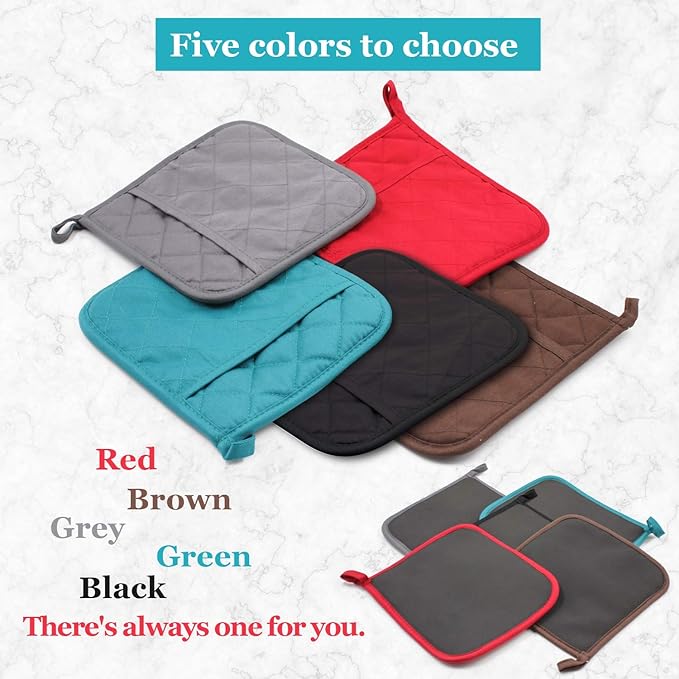Cotton and Neoprene Oven Pads Pot Holders with Pocket 8"x8.5" Dual-Function Hot Pad Set for Finger Hand Wrist Protection Heat Resistant to 428°F Black