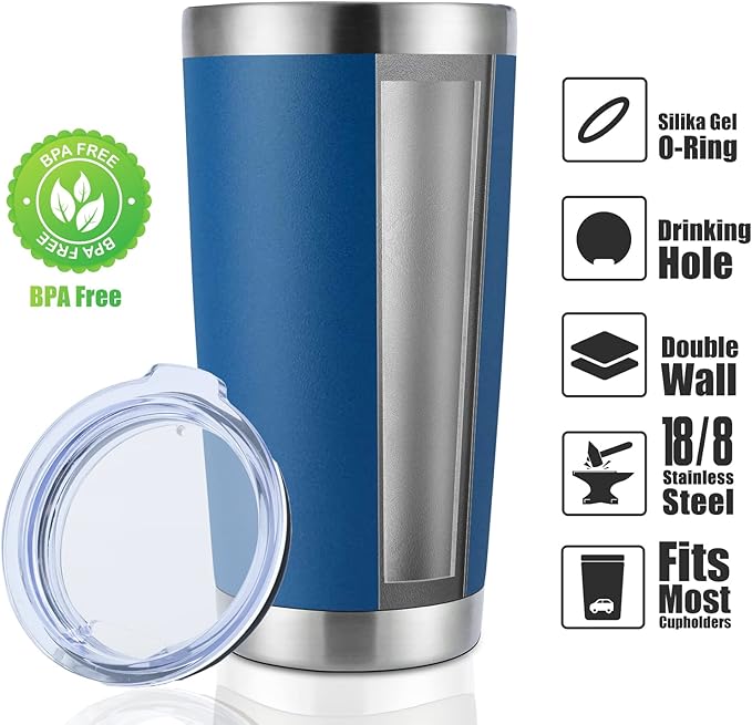 DOMICARE 20oz Stainless Steel Tumbler Bulk with Lid, Double Wall Vacuum Insulated Travel Mug, Powder Coated Coffee Cup, Dark blue, 4 Pack