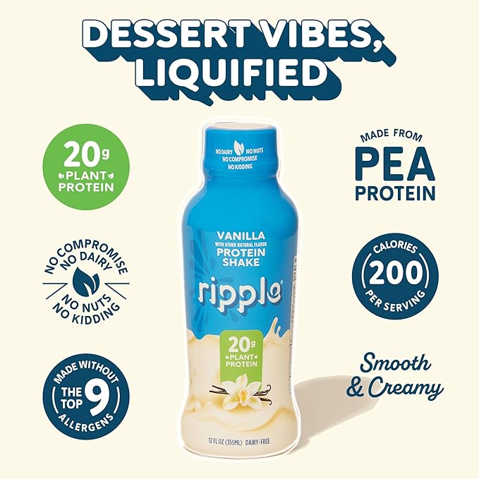 Ripple Vanilla Plant Based Protein Shake | 20g of Quality Sourced Pea Protein, Calcium & Iron Rich | Shelf Stable | Vegan & Non GMO | Dairy, Soy, Nut, & Gluten Free | 12 Fl Oz Bottles (Pack of 12)