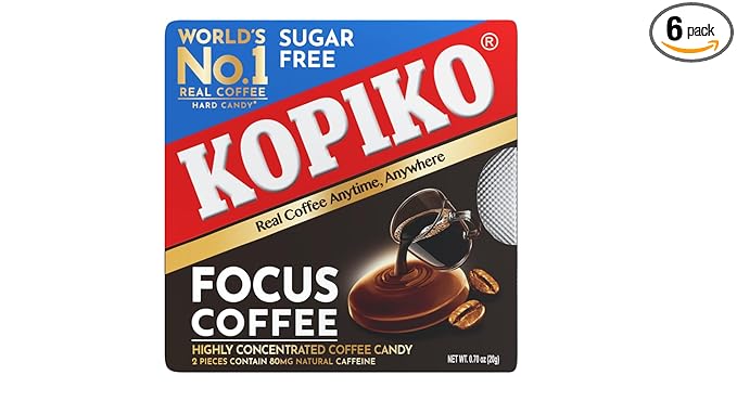 Kopiko Focus Coffee Candy – Have 80mg Caffeine per 2 Pieces for Energy & Mental Focus – Sugar-Free Hard Candy with Real Indonesian Coffee Extract (6 Pack w/4 Candies Each)