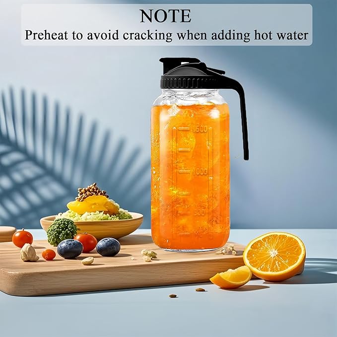 32oz Glass Pitcher Carafes With Handle and Lid, 1 Quart Mason Jar, Large Water Jug, Glass Containers for Fridge, Water Pitcher for Juice, Iced & Sun Tea, Cold Brew Coffee, Homemade Beverage