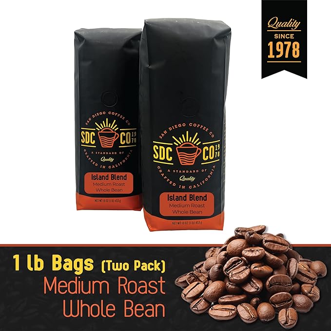 San Diego Coffee Island Blend, Medium Roast, Whole Bean Coffee, 16-Ounce Bags (Pack of 2) Café en grano tostado