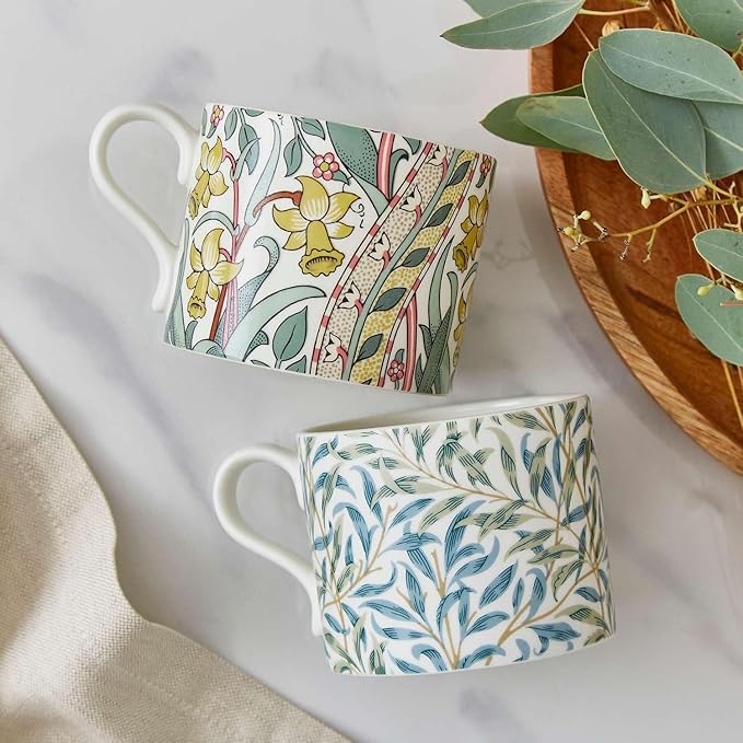 Spode Morris & Co 12oz Mugs, Set of 2 (Daffodil & Willow Bough) - Microwave & Dishwasher Safe, Elegant Porcelain Drinkware for Coffee Bar or Giftable Home Kitchen Mug Set. Ideal for Coffee & Tea