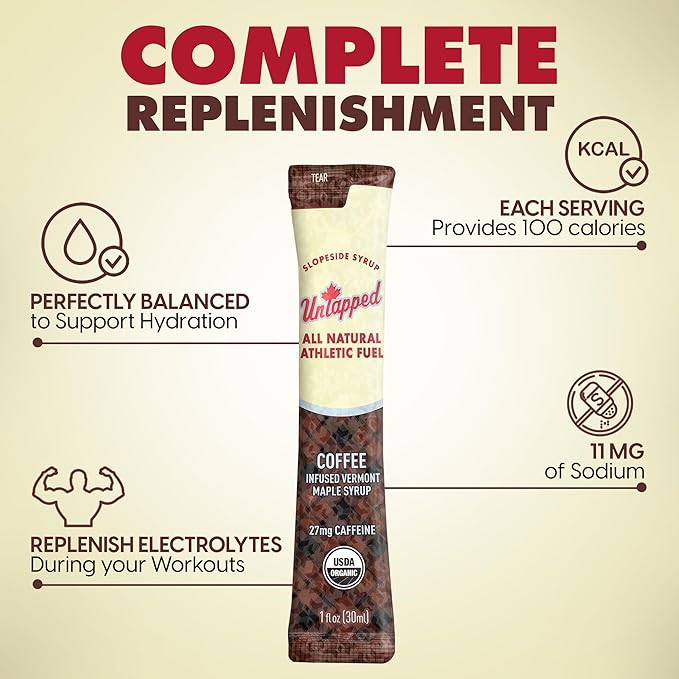 UnTapped Coffee Infused Vermont Maple Syrup Packets for Athletes, Box of 20-1 fl oz | Pure Maple Syrup with Organic Coffee for Natural Endurance Energy | Fuel to Keep You Running Longer