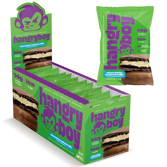 Hangryboy Protein Cookie Sandwich – 14g High Protein, Gluten‑Free, GMO‑Free Cookies - Perfect on The Go Protein Snack, Chocolate Malted Milk, 12‑Count Box