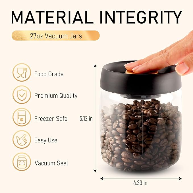 Coffee Vacuum Container Mason Jars: Food Coffee Bean Storage Containers with Lids Airtight, Plastic Wide Mouth Mason Jars Vacuum Sealer, Manual Vacuum Extraction Sealed Tank, 2pcs 800ml