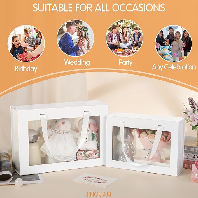 JINGUAN Large White Clear Gift Boxes, 13.5x9x4.1 Inches Gift Boxes with Windows by Handles, Bridesmaid Proposal Boxes, Collapsible Gift Boxes with Magnetic Closure (Glossy White, 5 Pack)