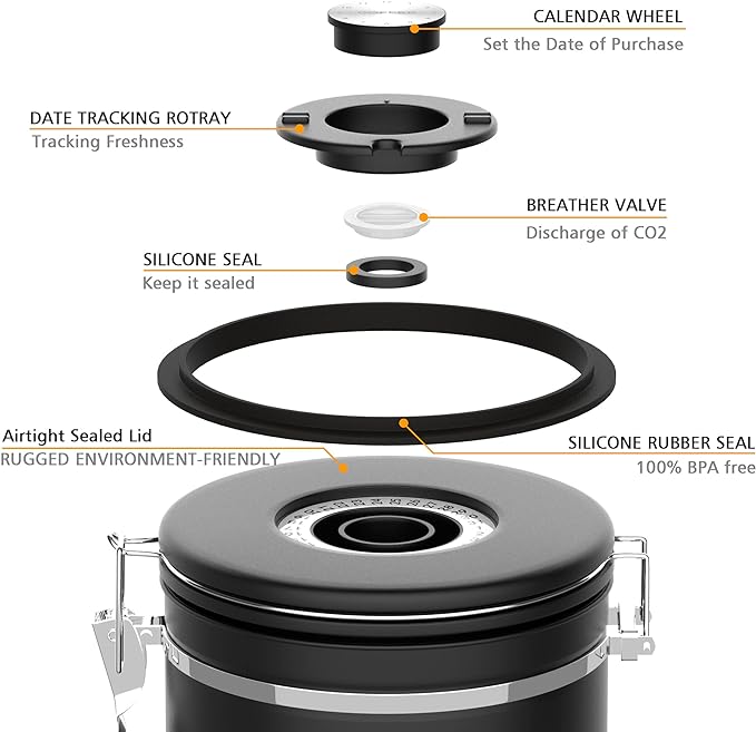 Coffee Canister for ground coffee with Transparent Window,Date Tracker CO2 Valve 304 Stainless Steel Kitchen Food Airtight storage container for Coffee Beans or Grounds, Tea, Sugar(black 22OZ)