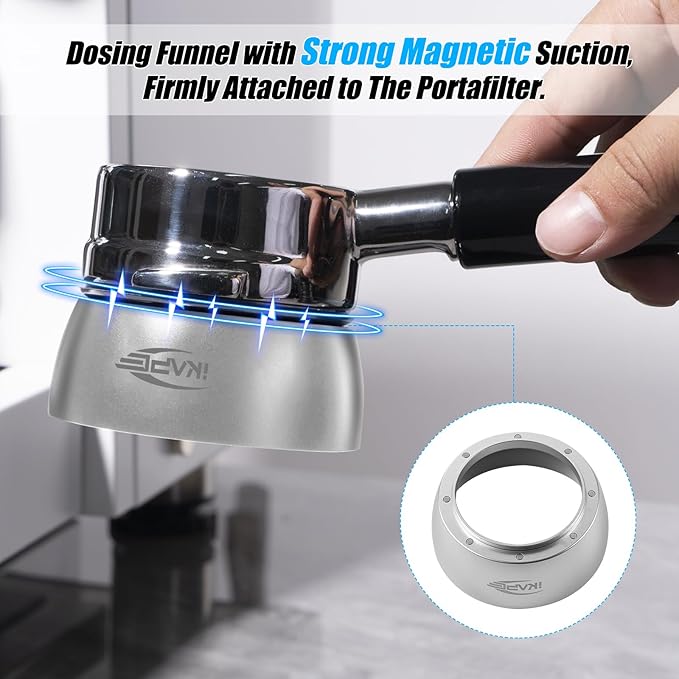 IKAPE Magnetic Dosing Funnel Set, 53MM Espresso Dosing Ring & Puck Screen Kit Compatible with Delonghi 54MM Bottomless Portafilter - with 8 Small Magnet (Silver)