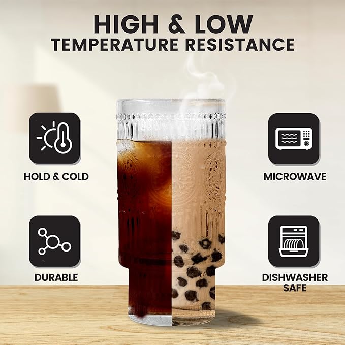 4 Pcs 16oz Drinking Glasses Cups Set with Bamboo Lids Straws Brush Begonia Vintage Glassware Set for Juice Iced Coffee Beer Cocktail Whiskey