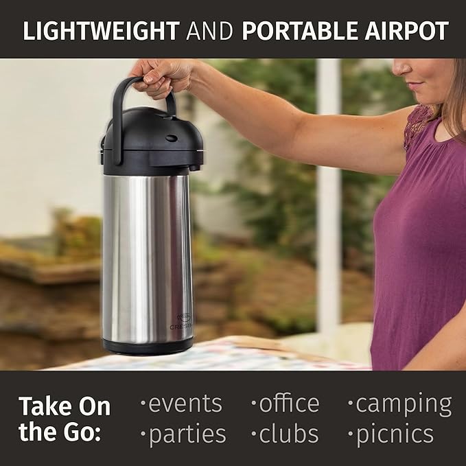 Cresimo Coffee Carafe with Pump - 102oz / 3L Airpot 12 Hours Large Hot Water Carafe, Cocoa Dispenser for Parties - Tea Flask, Insulated Stainless Steel Air Pots for Hot Beverage Dispenser -Coffee Pump