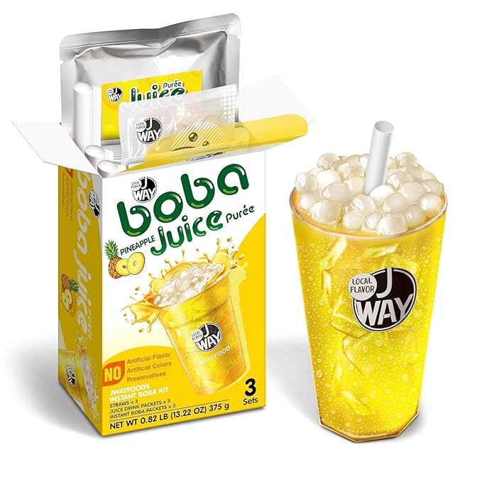 J WAY Instant Boba Bubble Pearl Pineapple Juice Drinks Kit with Authentic Crystal Tapioca Boba, Ready in Under One Minute, Paper Straws Included, 3 Servings