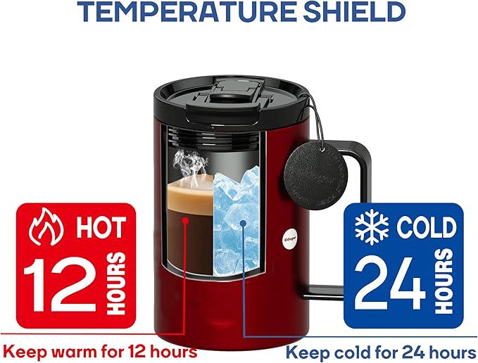 Sidagar+ 18 OZ z Stainless Steel Insulated Coffee Mug with Handle and Lid, Double Wall Vacuum Travel Mug, Tumbler Cup with Sliding Lid, Resuable Insulated Coffee Tumbler, Red