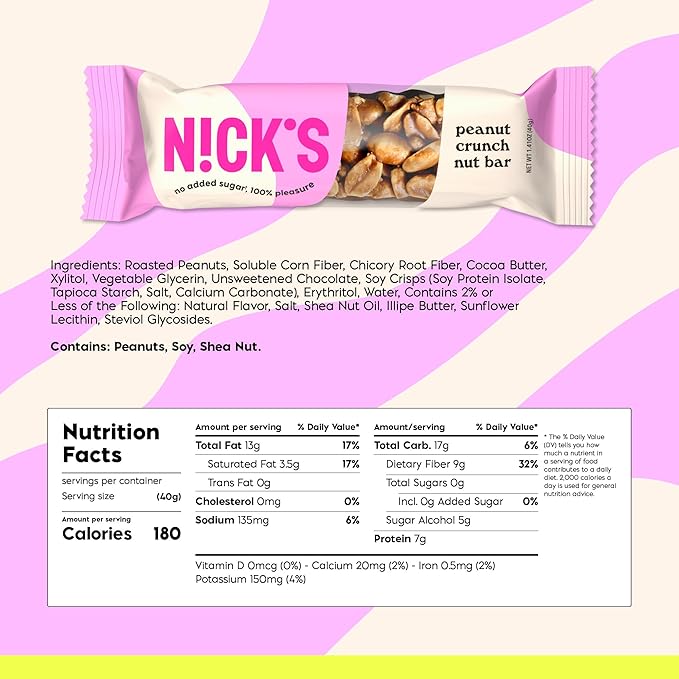 NICK'S Peanut Chocolate Snack Bar, Keto Nut Snack for Sports, Hiking, Gaming, Outdoor Activities, 1G sugar, 3G net carbs, healthy snack, (pack of 30)