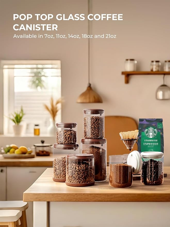 Glass Coffee Container - 900ml x 2 Pop Top Coffee Storage Airtight Canister, Large Ground Coffee Containers Coffee Jars with Lids 300g Brown