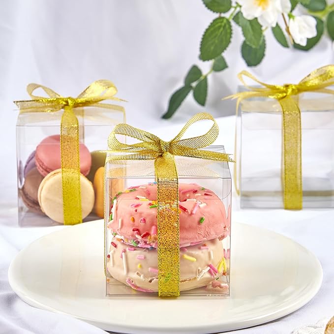 JOERSH 3x3x3 Inches Clear Favor Boxes for with Gold Gift Ribbons 30 PCS Transparent Plastic 3 Inch Mini Cube Gift Packaging Box for Party favors, Treats and Minigifts