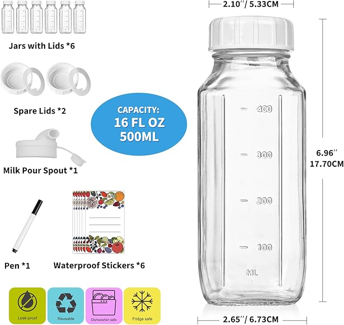6 Pack 16 Oz Glass Juice Bottles with Pour Spout, 100% Airtight Heavy Duty SCREW Lid- Reusable Glass Milk Bottles w Capacity Mark, Square Drinking Jar Juice Container Breast Milk Pitcher(Extra 2 Lid)
